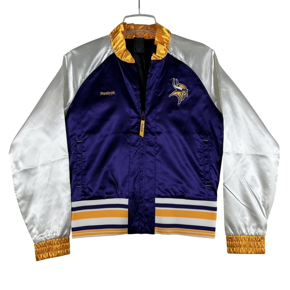 Minnesota Vikings Jacket Womens Medium NFL Football Reebok Satin Bomber Varsity‎